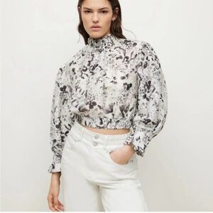 AllSaints Printed High-Neck Cropped Blouse in White and Gray